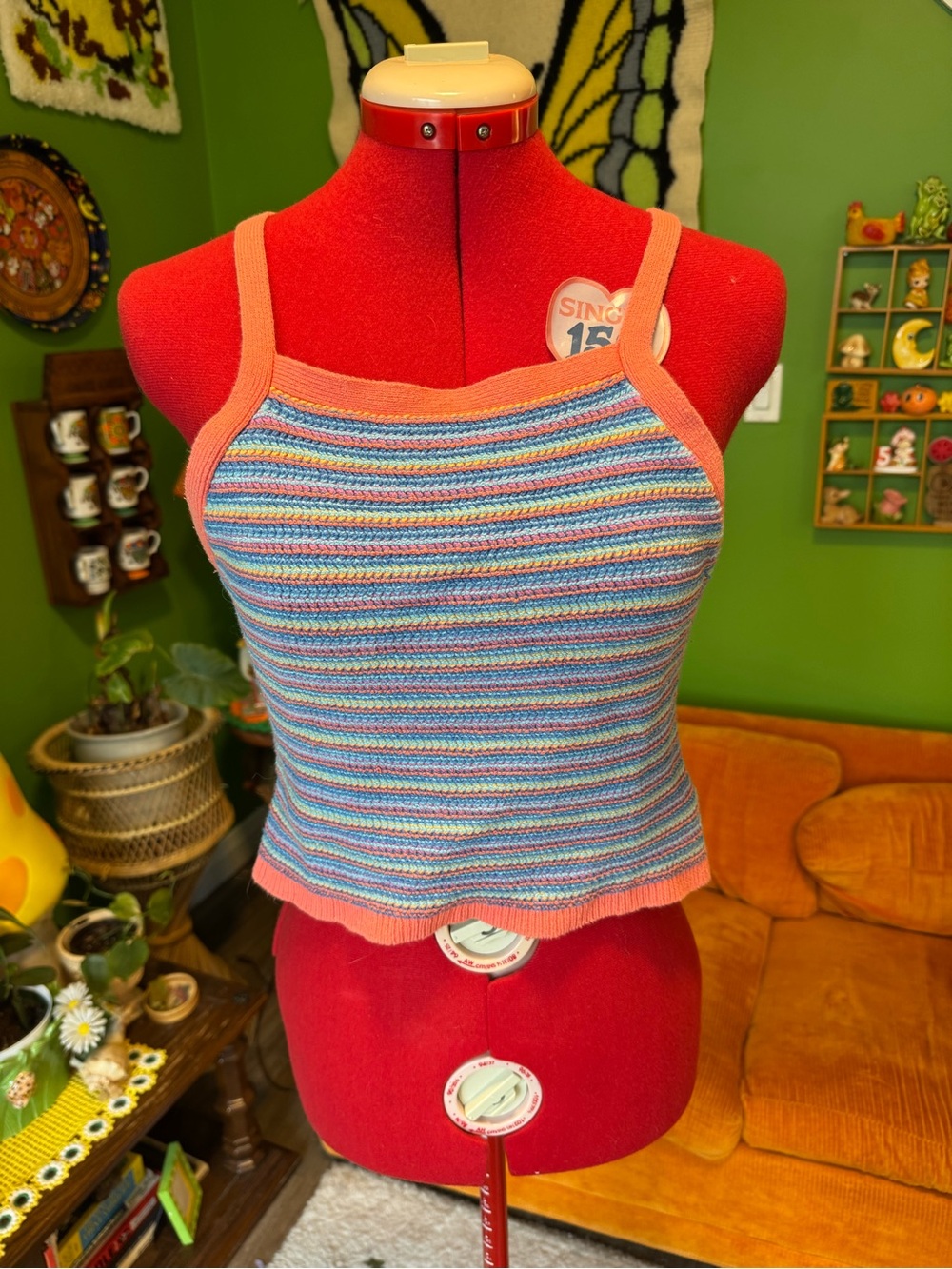 American Eagle Outfitters Multicolor Striped Knit Tank with Coral Trim